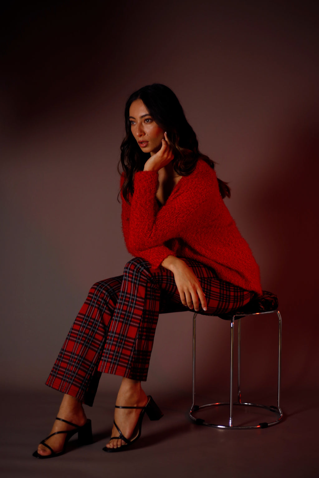 Red Tartan Ponte Zip-Up Flare