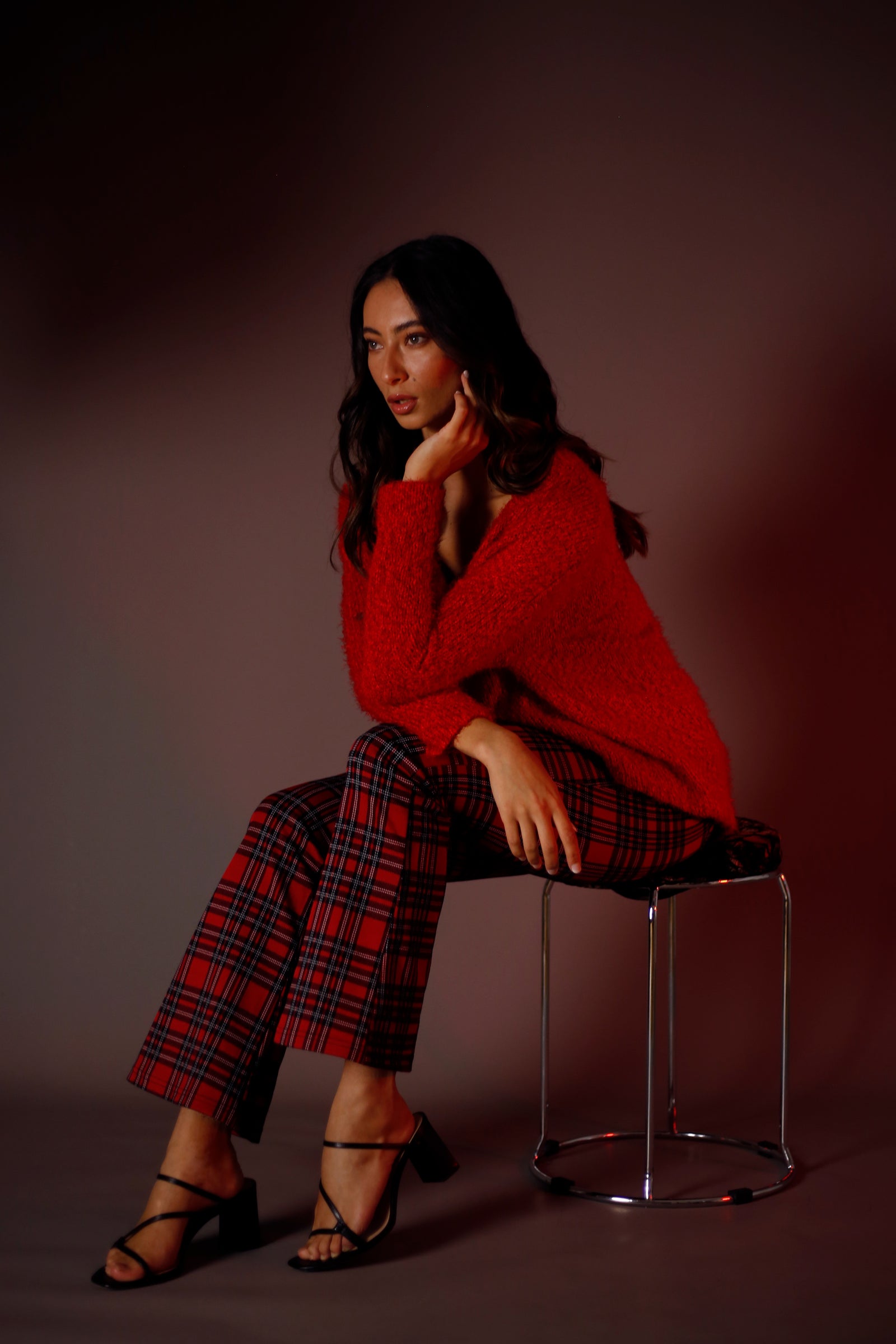 Red Tartan Ponte Zip-Up Flare