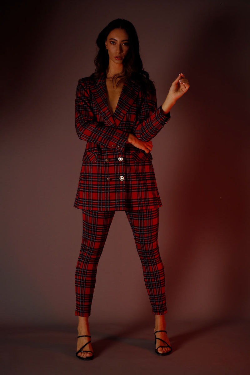 Red Tartan Ponte Slim Pant