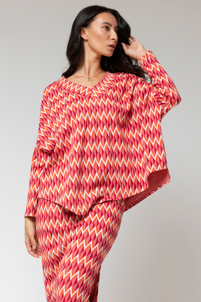 Orange Pink Jacquard V Neck Jumper - Sale