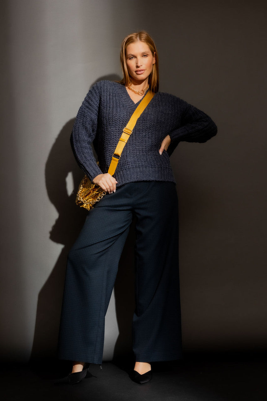 Washed Navy Chunky V Neck Jumper Navy S