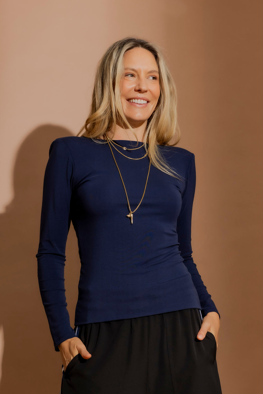 Navy Tencel Long Sleeve Lust Top