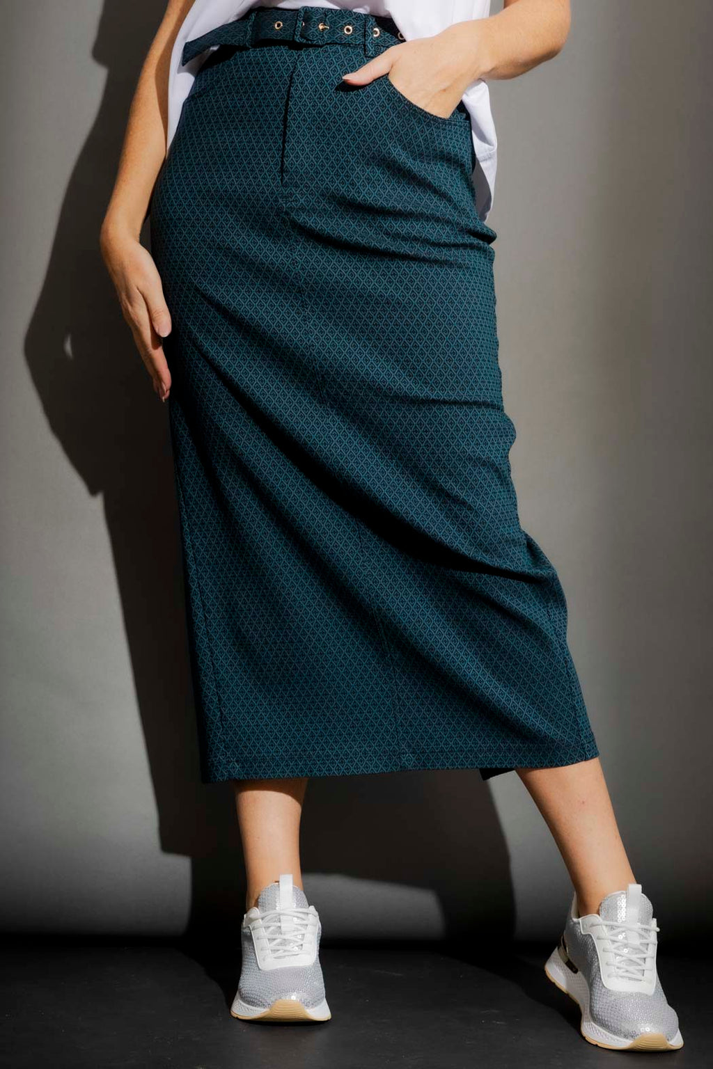 Jade Diamond Belted Midi Skirt