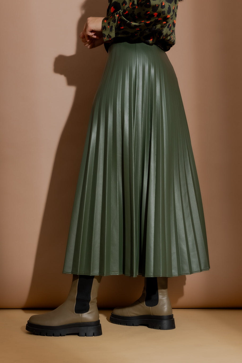 Olive Croc Coated Pleat Skirt