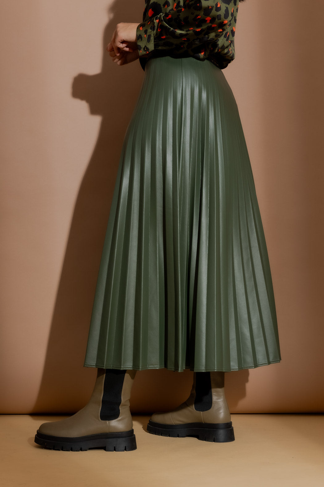 Olive Croc Coated Pleat Skirt