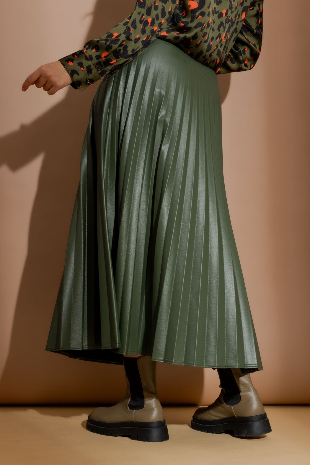 Olive Croc Coated Pleat Skirt