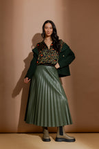 Olive Croc Coated Pleat Skirt