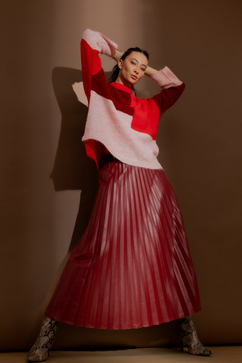 Deep Red Croc Coated Pleat Skirt Deep Red