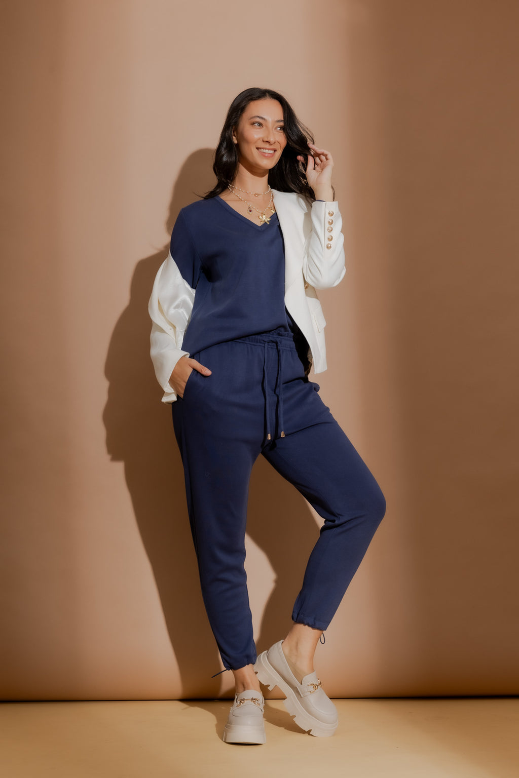 Navy Lux Knit V-Neck Top