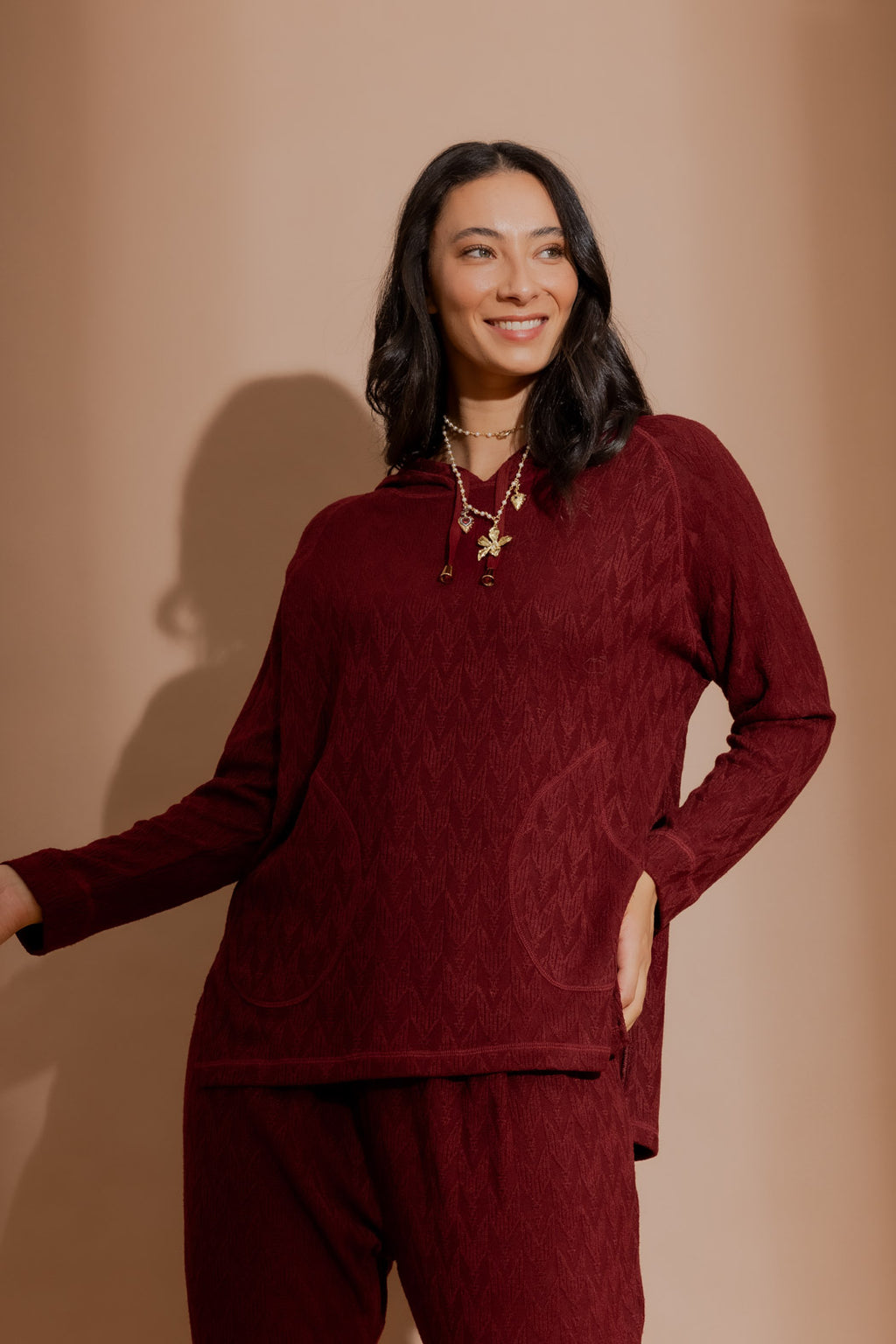 Burgundy Textured Raglan Hoodie