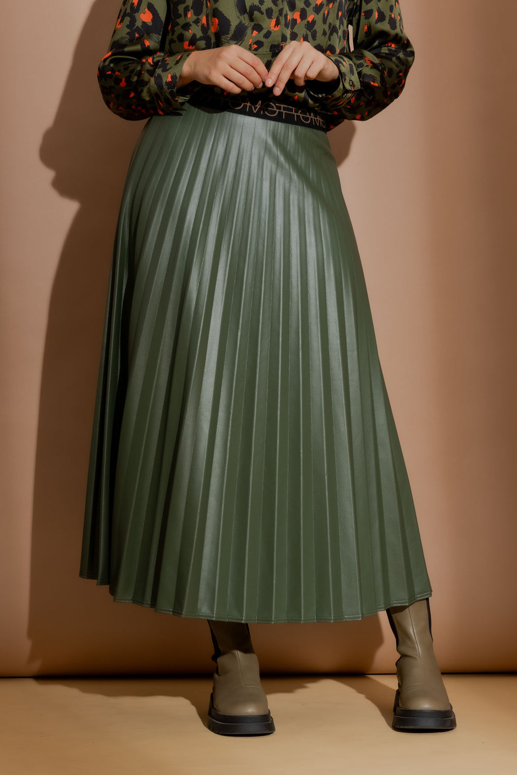 Olive Croc Coated Pleat Skirt