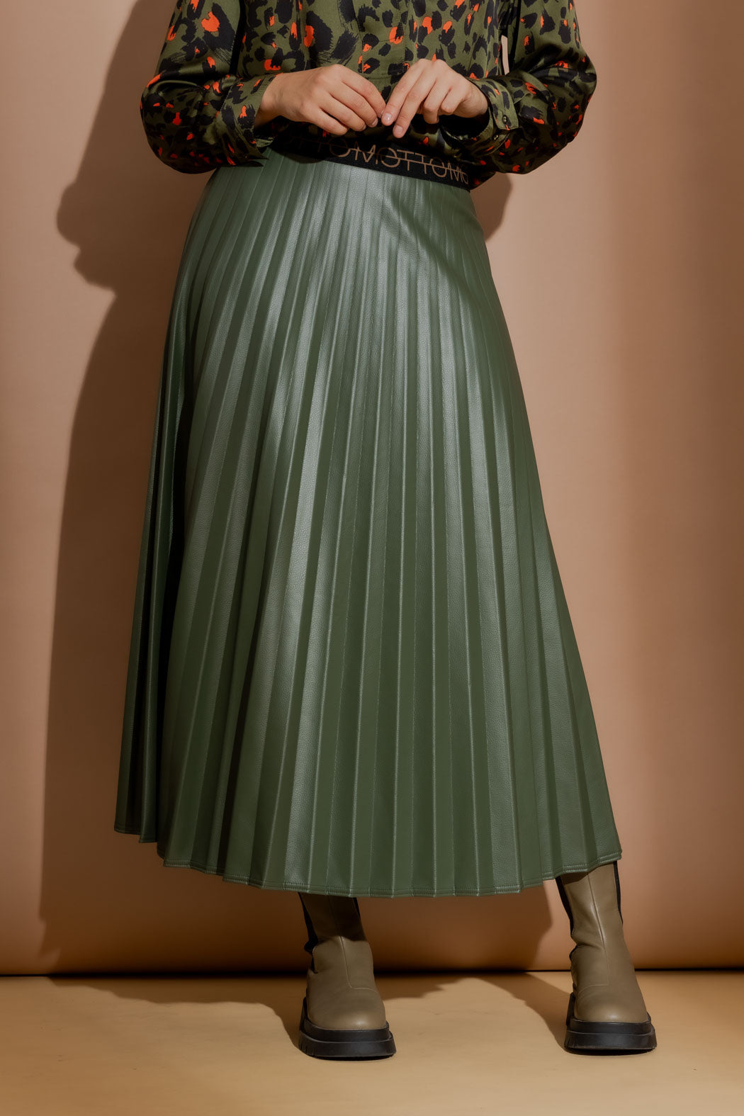 Olive Croc Coated Pleat Skirt