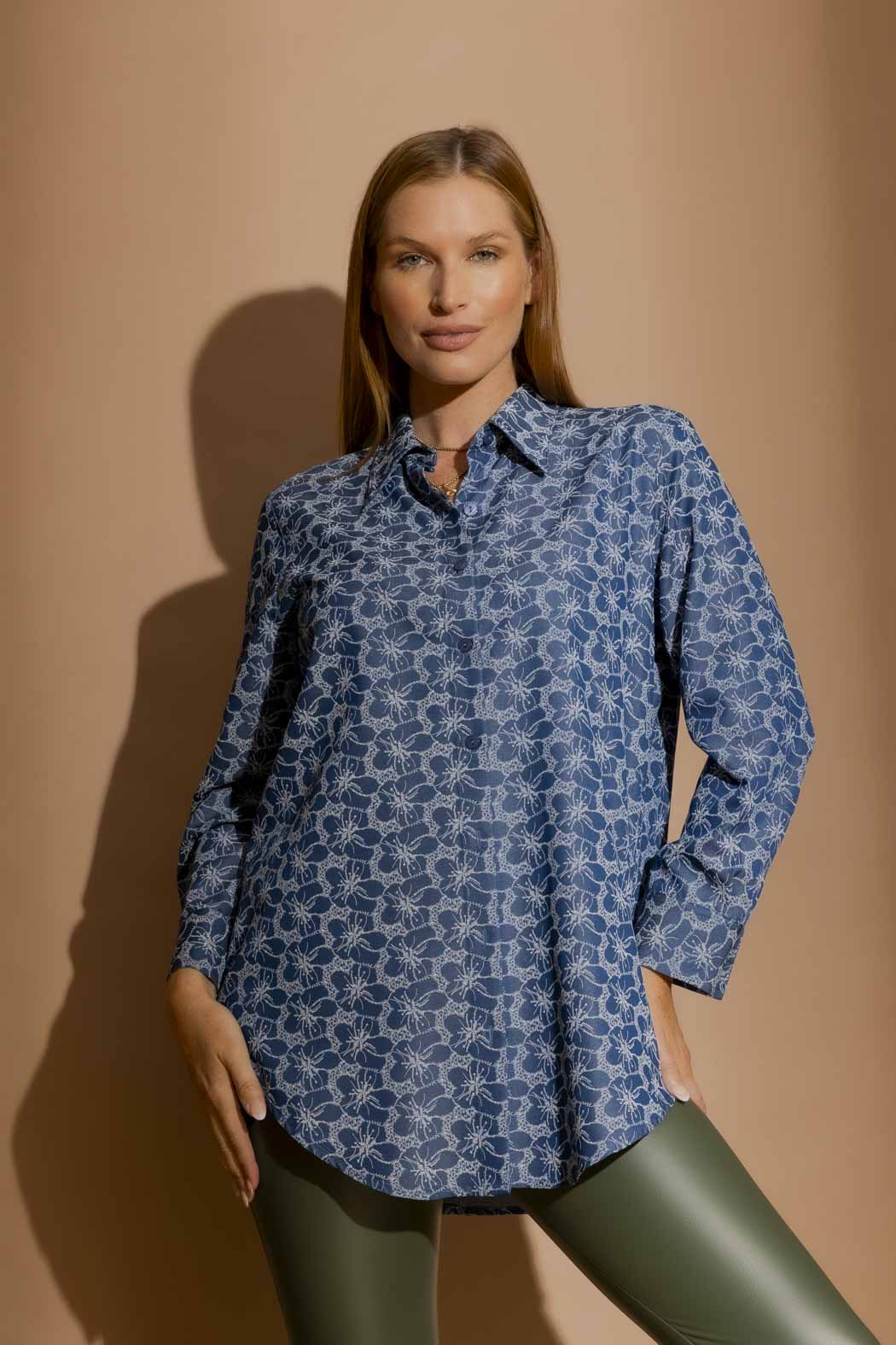 Mid Denim Embroidery Classic Shirt Mid Denim