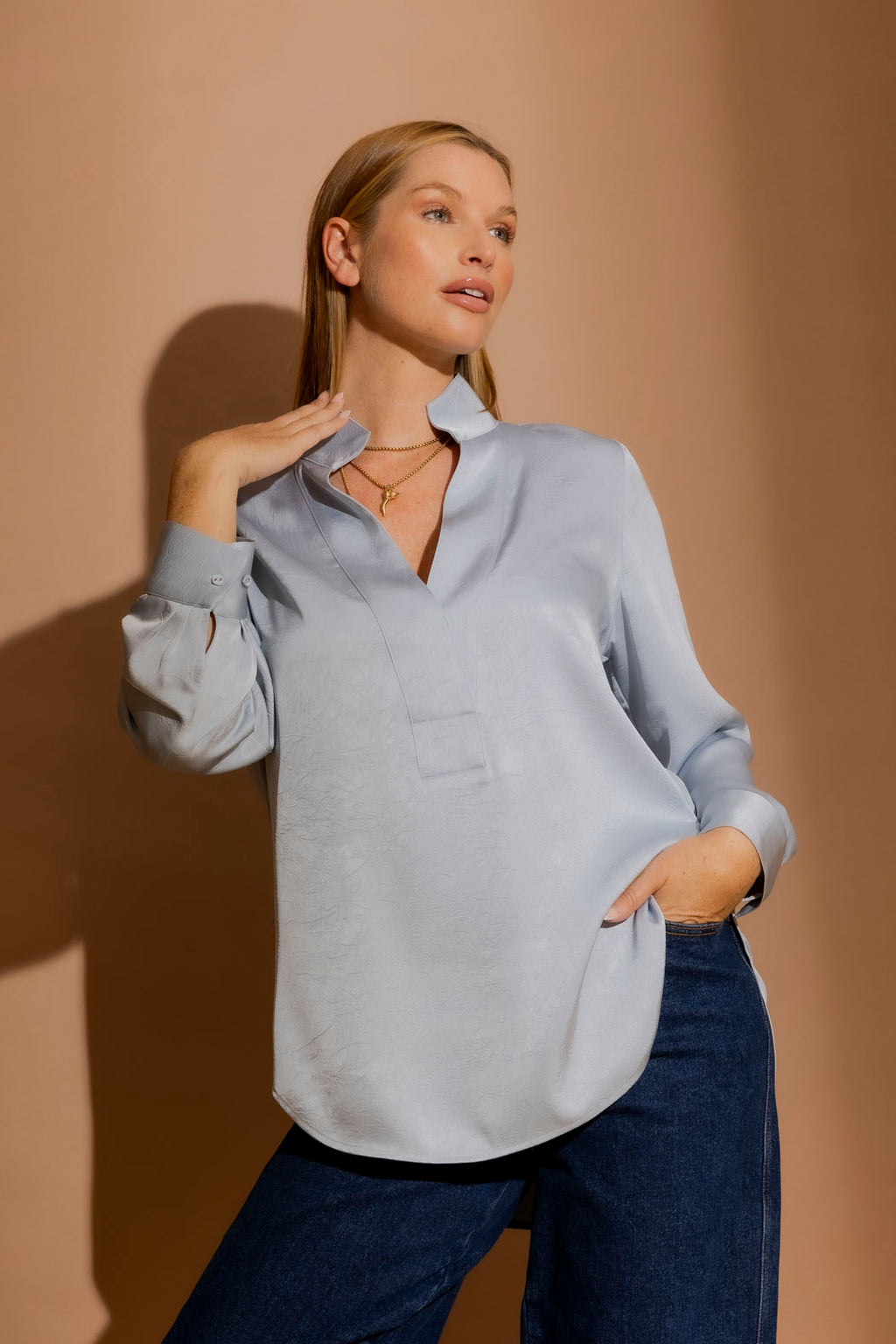 Pale Blue Silky Brit Blogger Shirt Pale Blue
