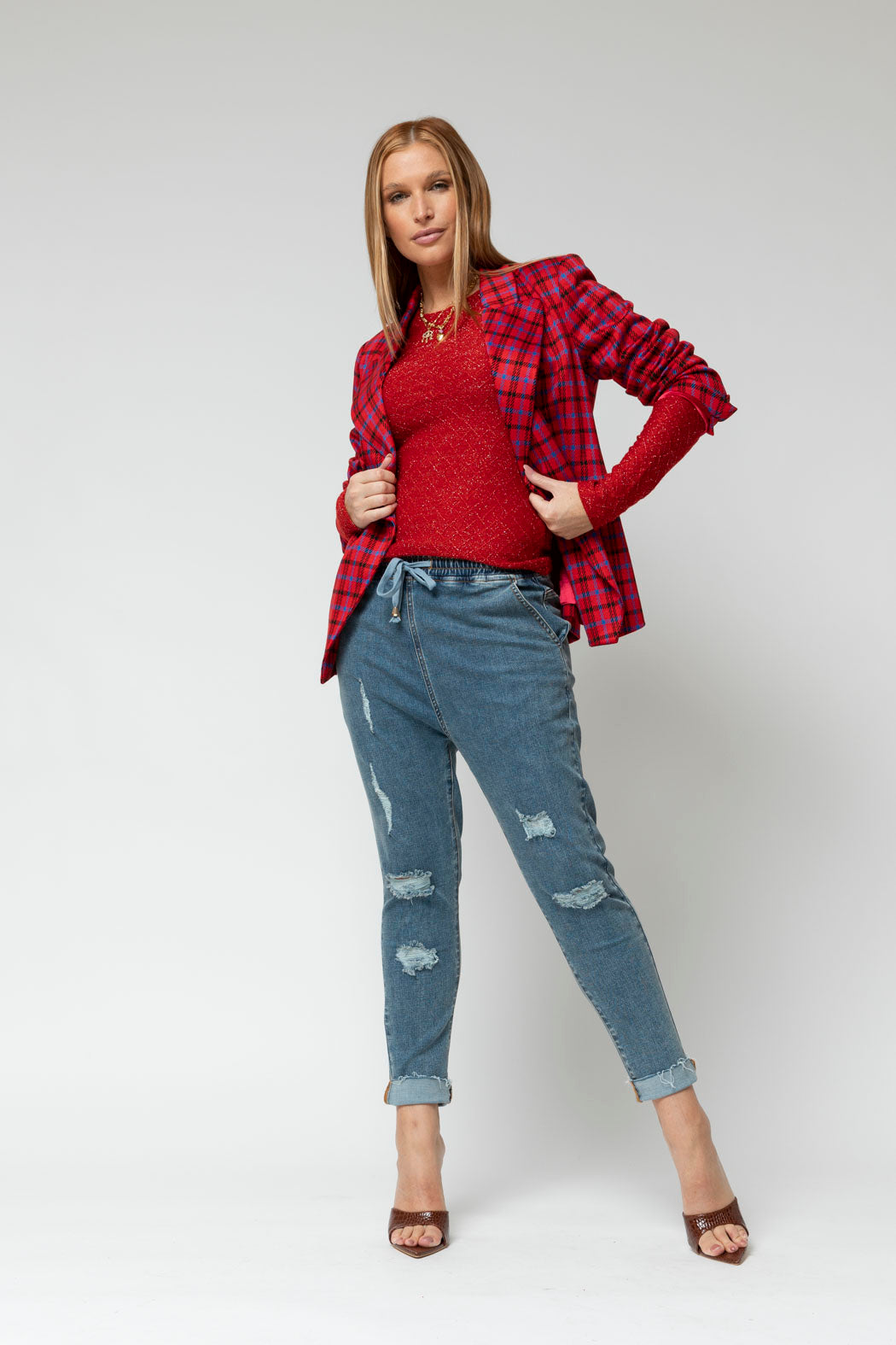 Red Ponte Check Sisca Blazer