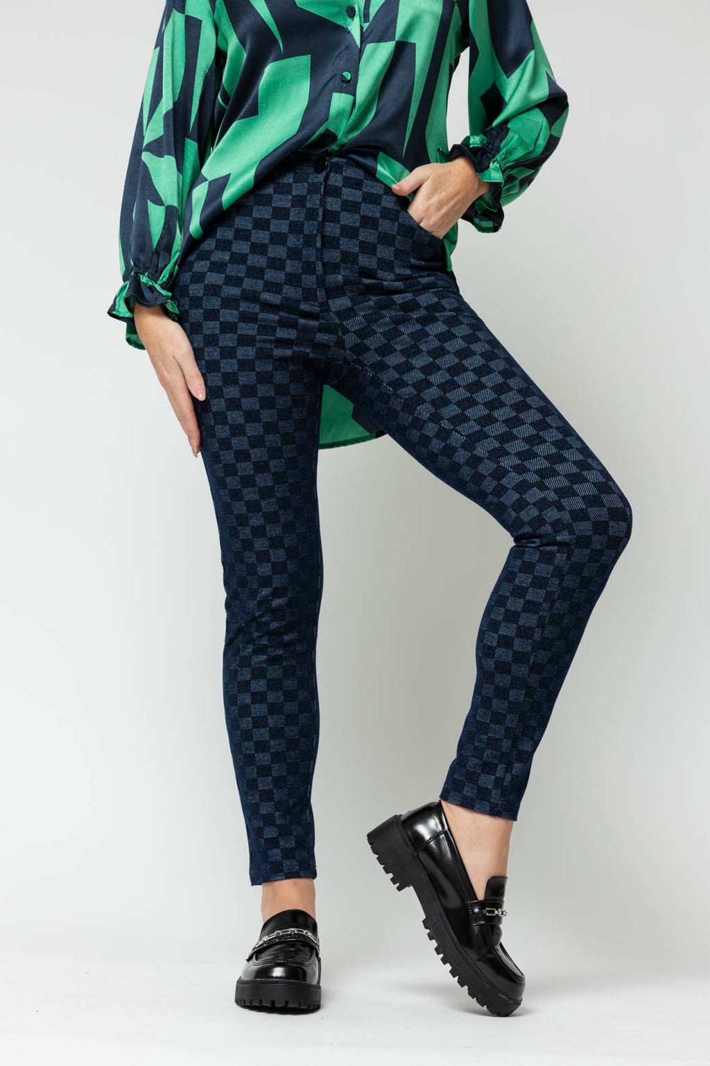 Navy Check Luna Ponte Pant