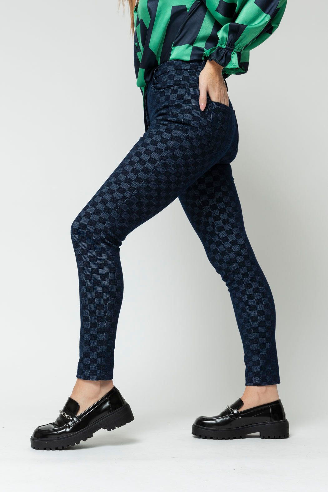 Navy Check Luna Ponte Pant