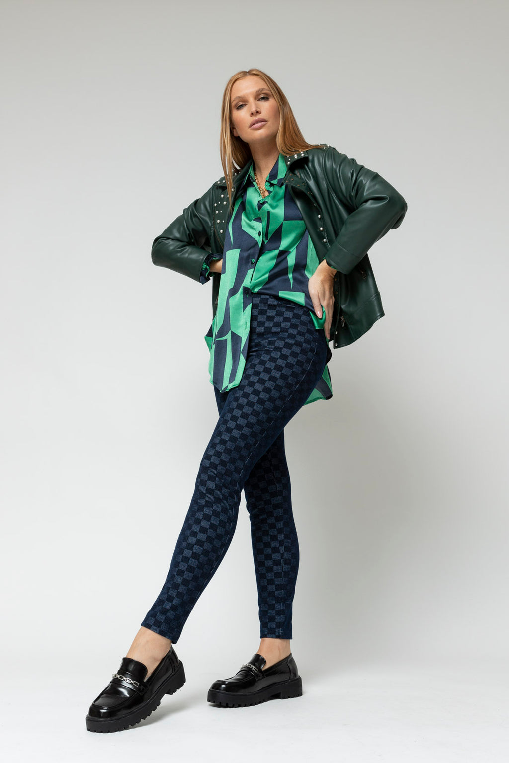 Navy Check Luna Ponte Pant