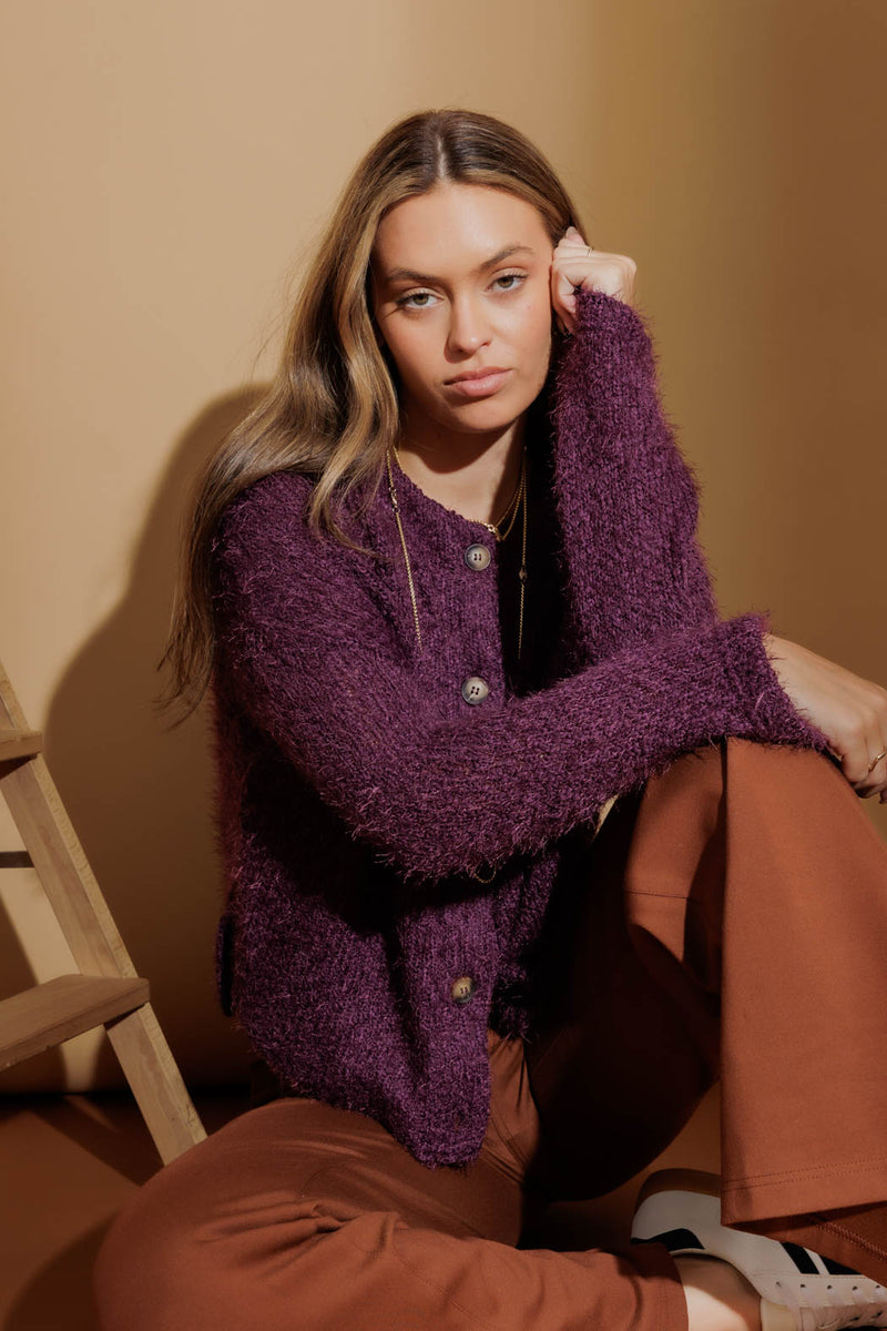 Plum Fluffy Knit Cardi