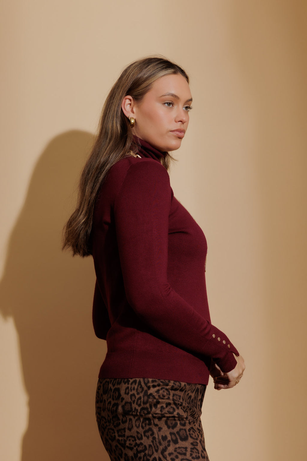 Burgundy Fine Knit Roll Neck Burgundy S