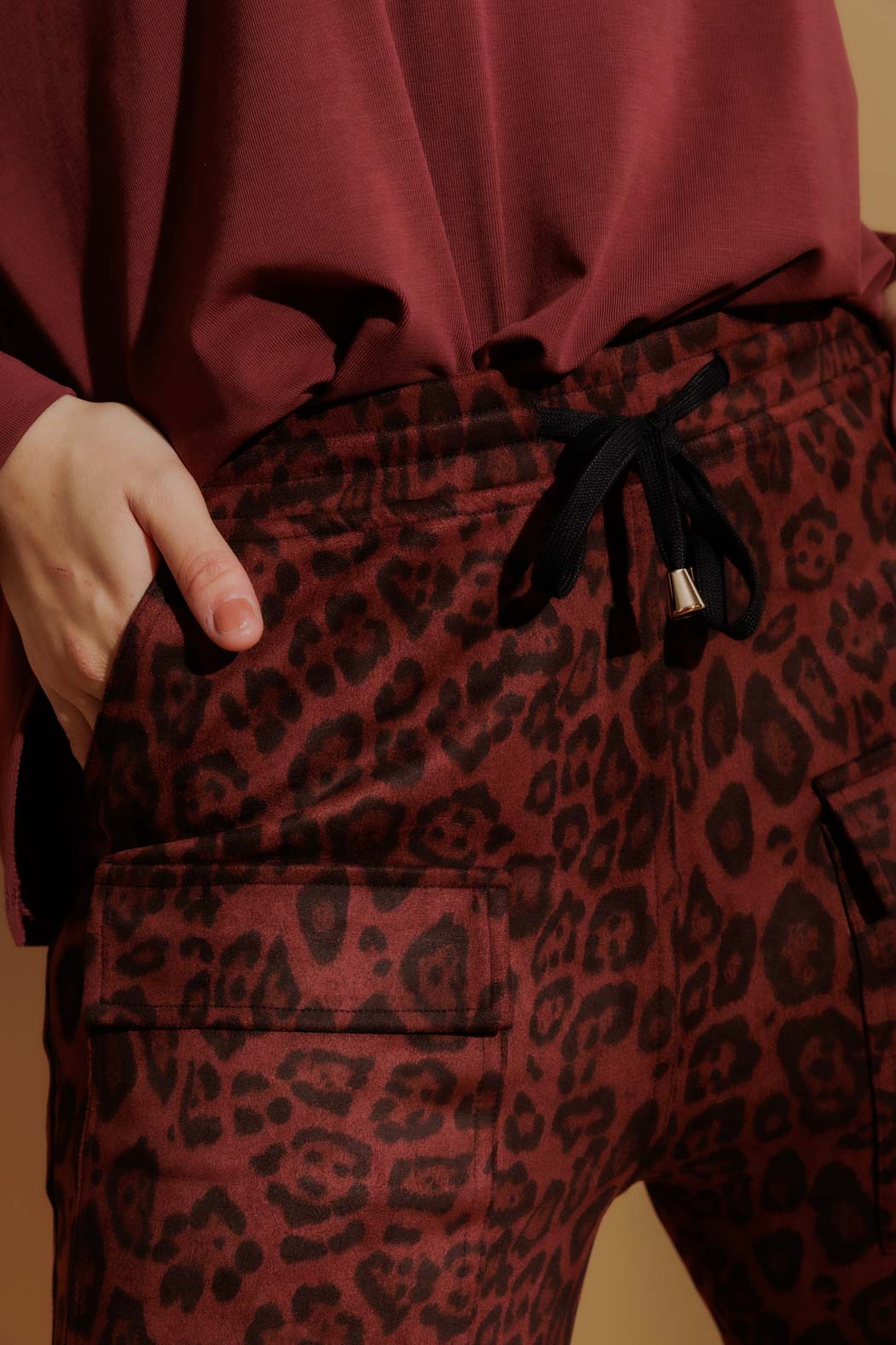 Burgundy Animal Suede Cargo Jogger Pant