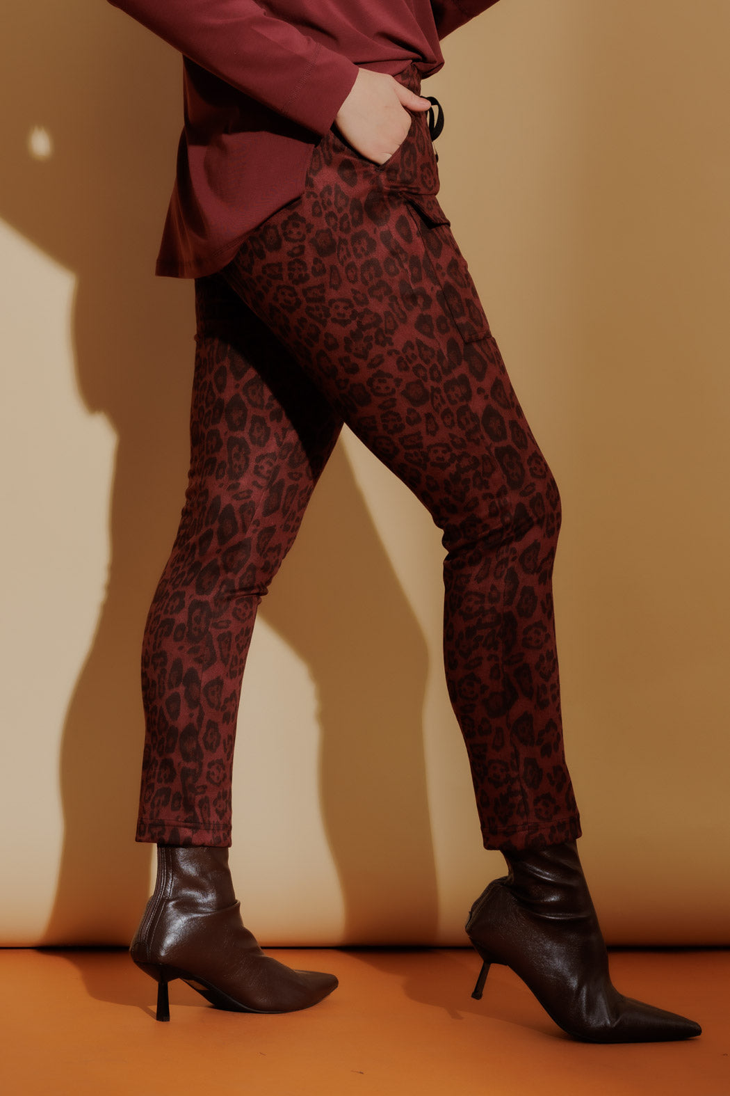 Burgundy Animal Suede Cargo Jogger Pant