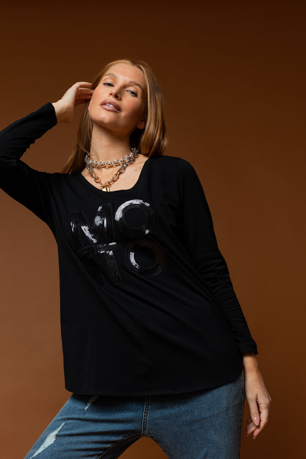 Black Motto Sequin Long Sleeve Tee