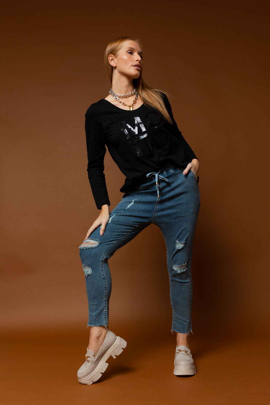 Black Motto Sequin Long Sleeve Tee
