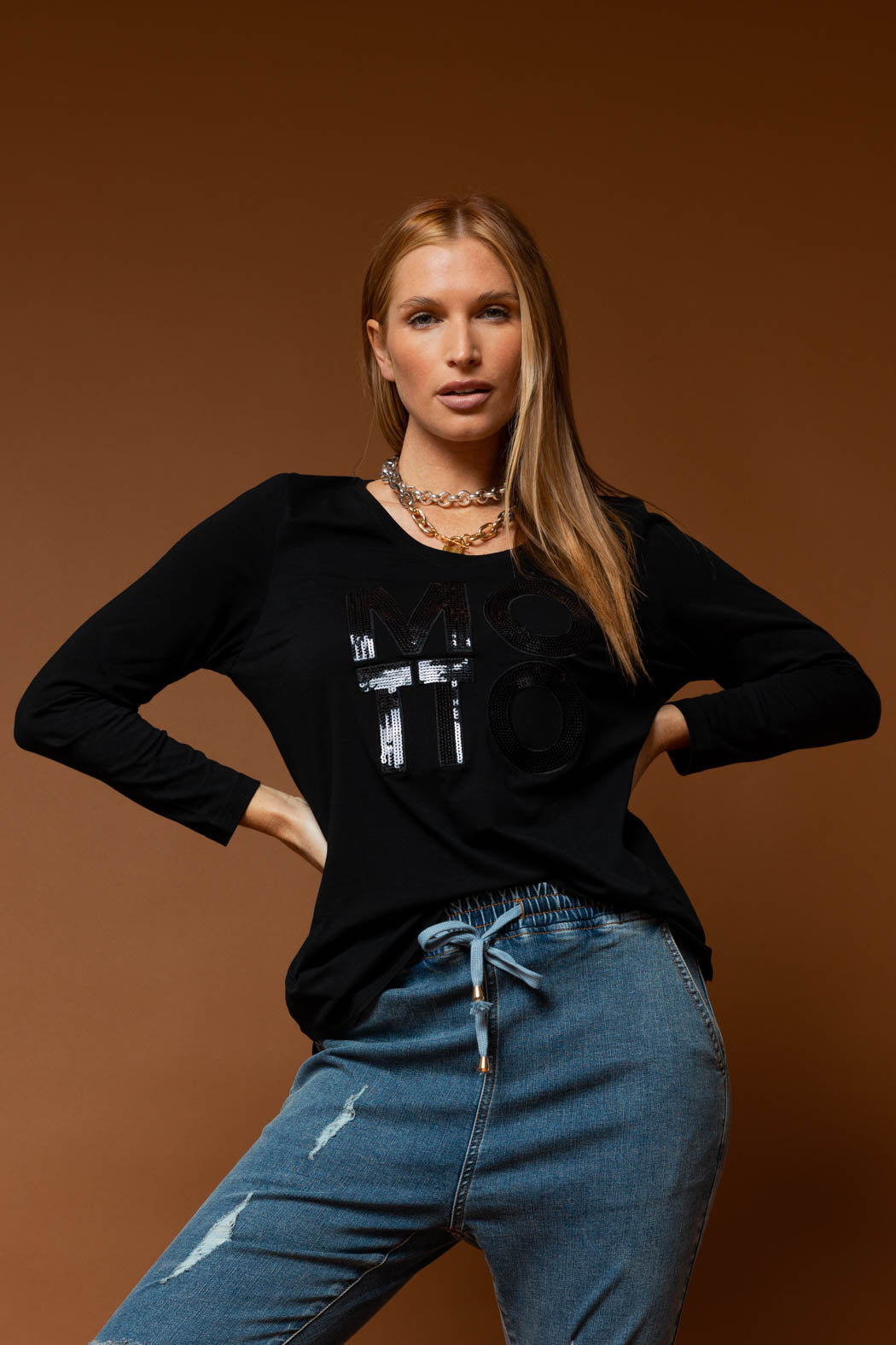 Black Motto Sequin Long Sleeve Tee