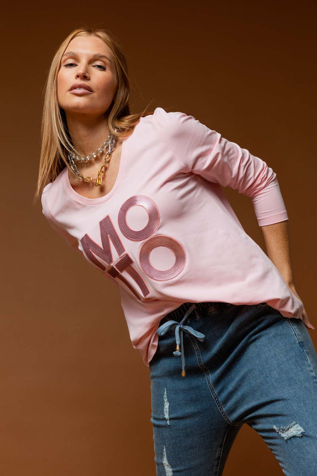 Pink Motto Sequin Long Sleeve Tee