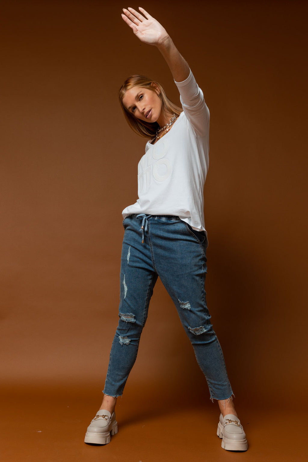 White Motto Sequin Long Sleeve Tee