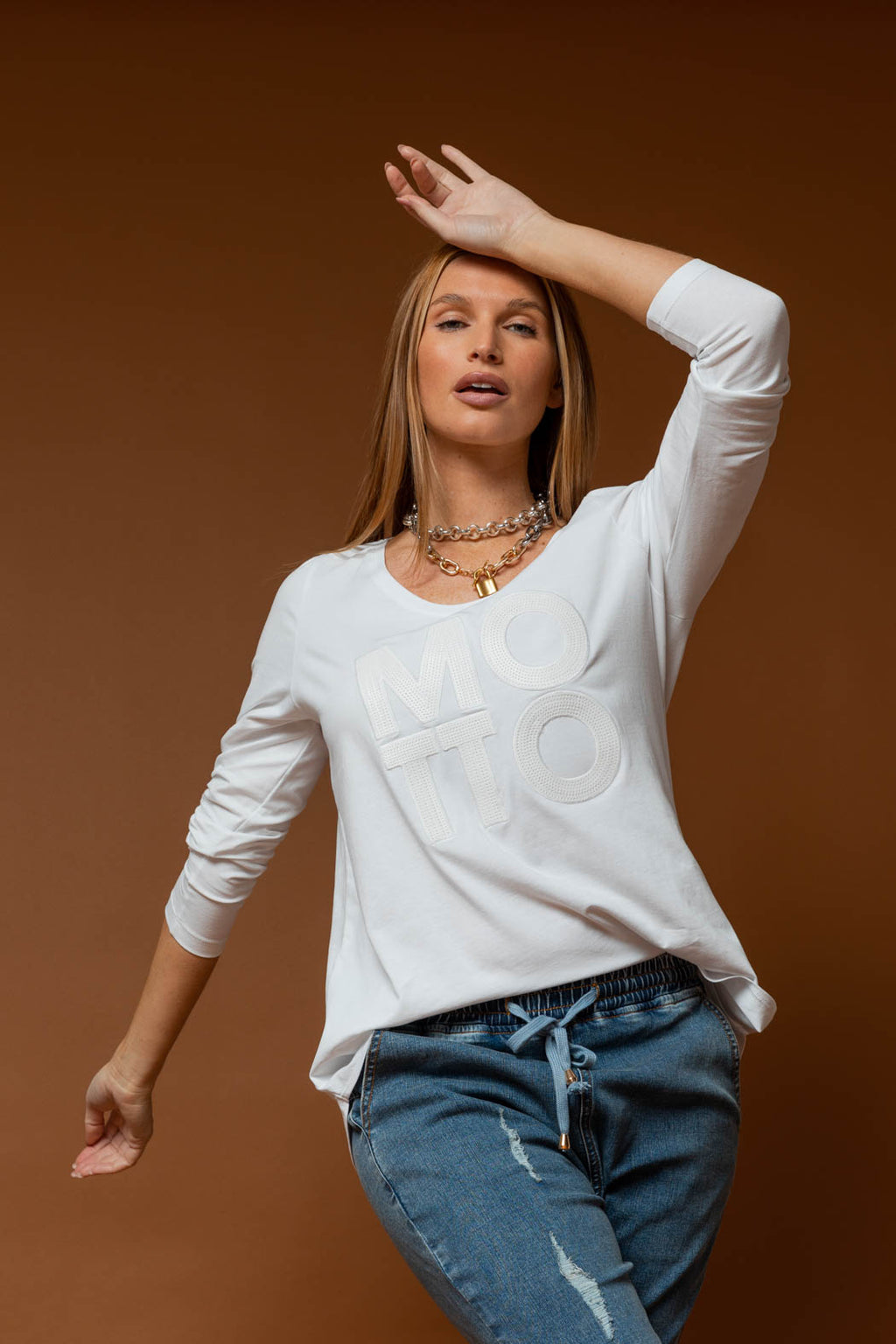 White Motto Sequin Long Sleeve Tee