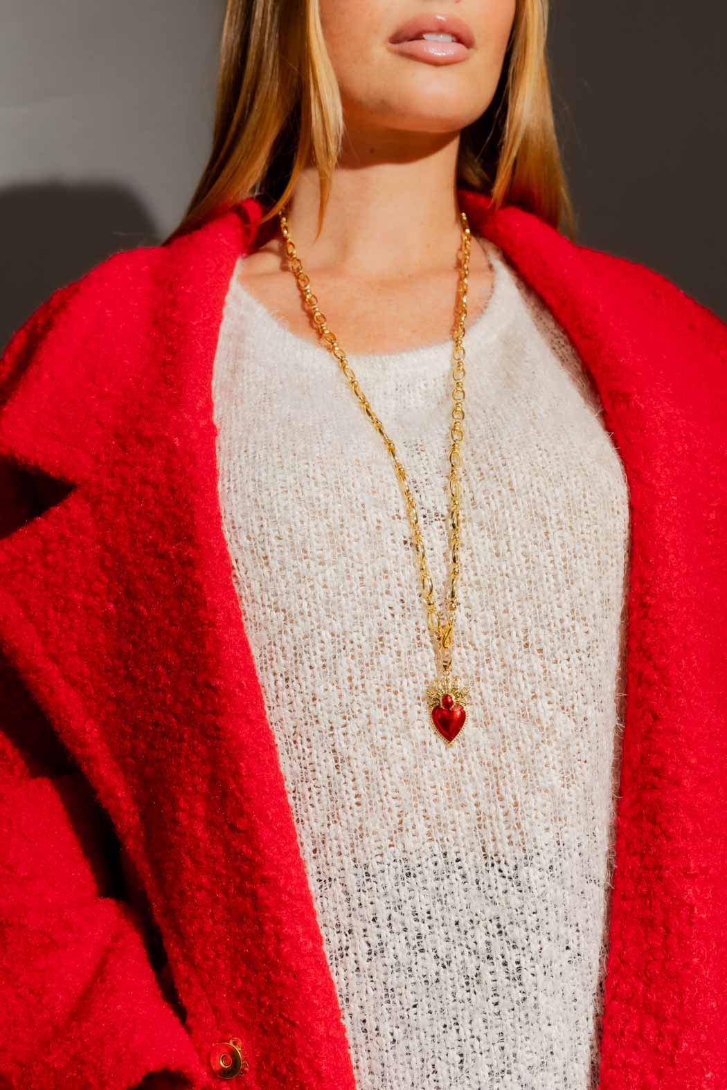 Gold Long Red Heart Necklace Gold O/S