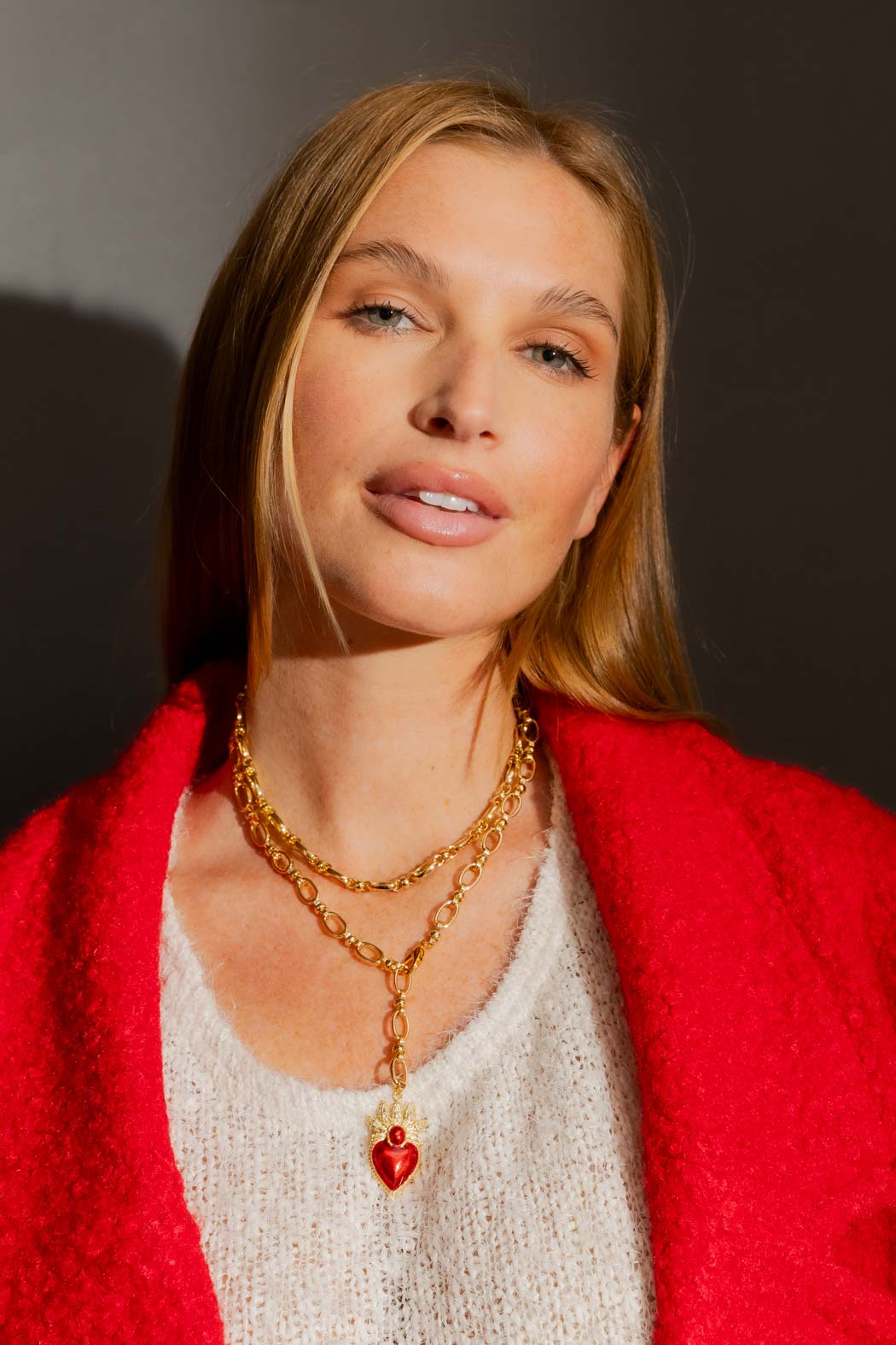 Gold Long Red Heart Necklace Gold O/S