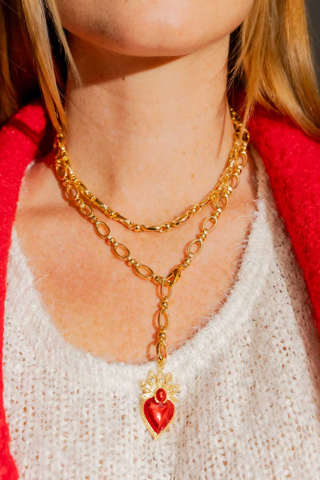 Gold Long Red Heart Necklace Gold O/S