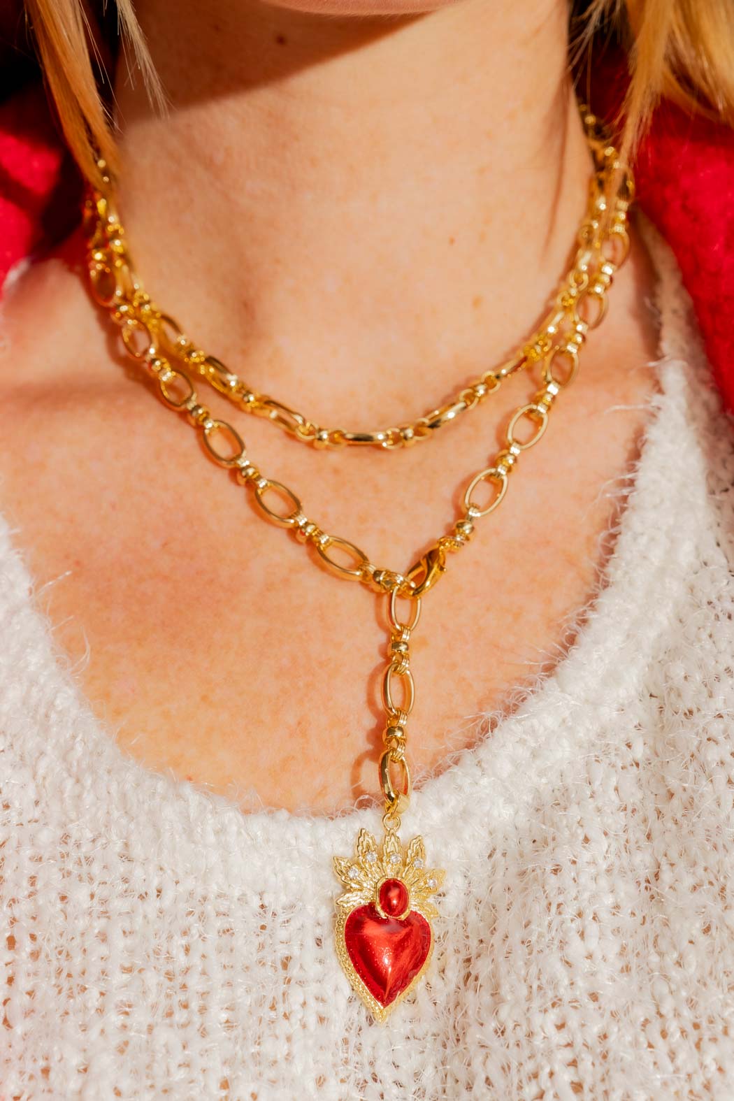 Gold Long Red Heart Necklace Gold O/S