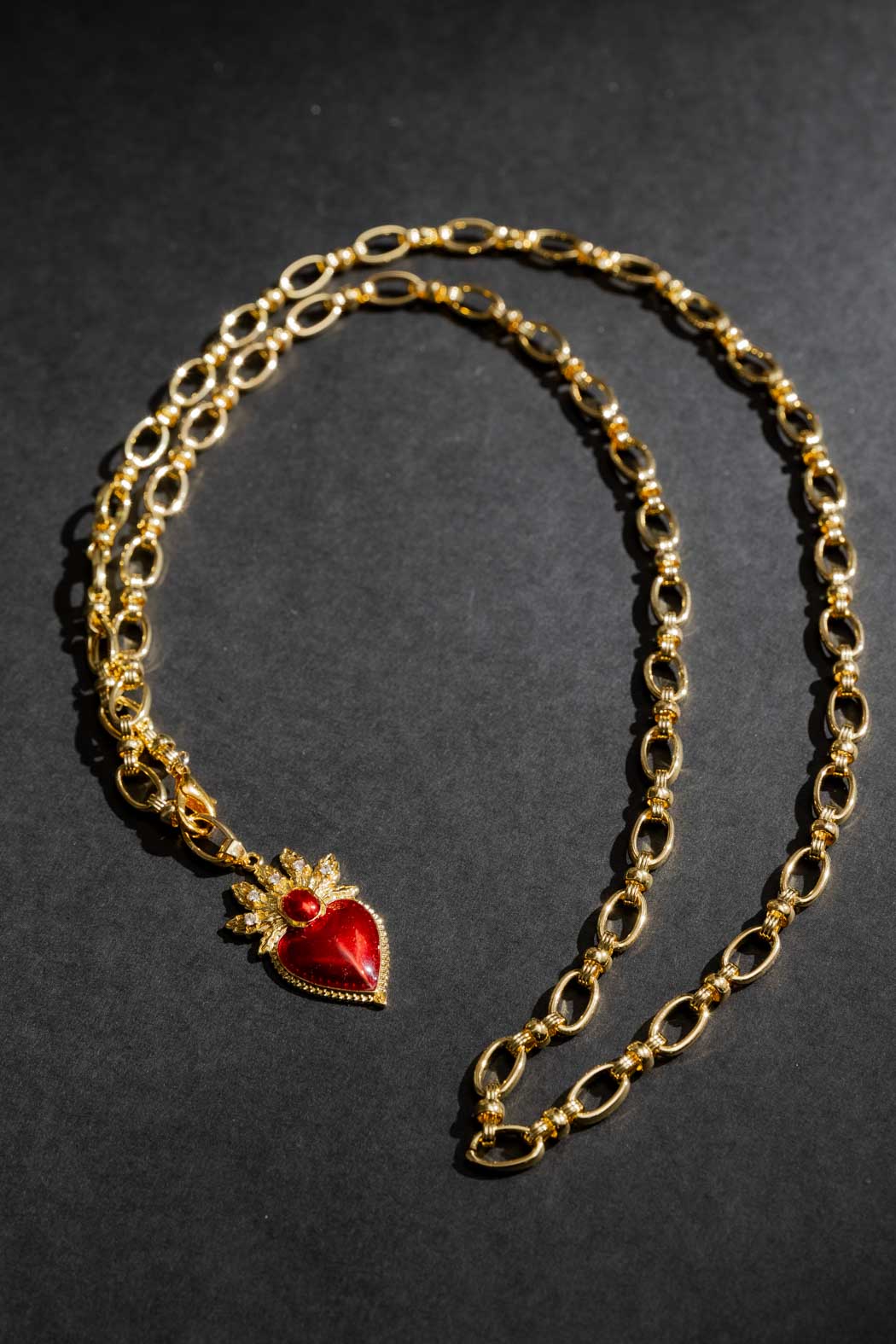 Gold Long Red Heart Necklace Gold O/S