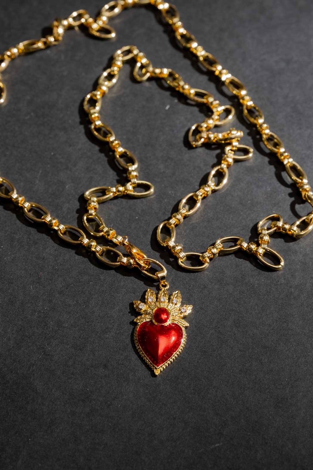 Gold Long Red Heart Necklace Gold O/S