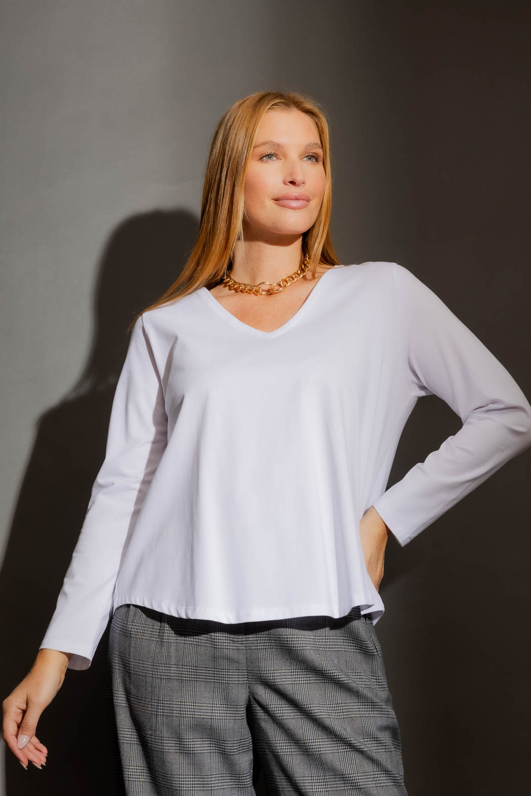 White V Neck Long Sleeve Tee
