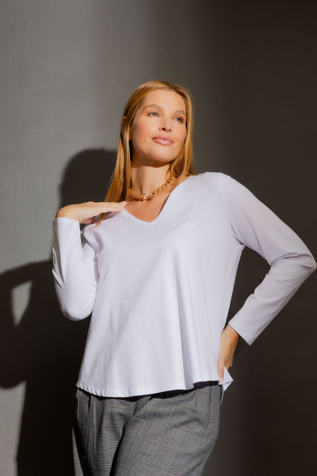 White V Neck Long Sleeve Tee