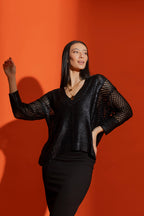 Black Crochet Foil V Neck Jumper