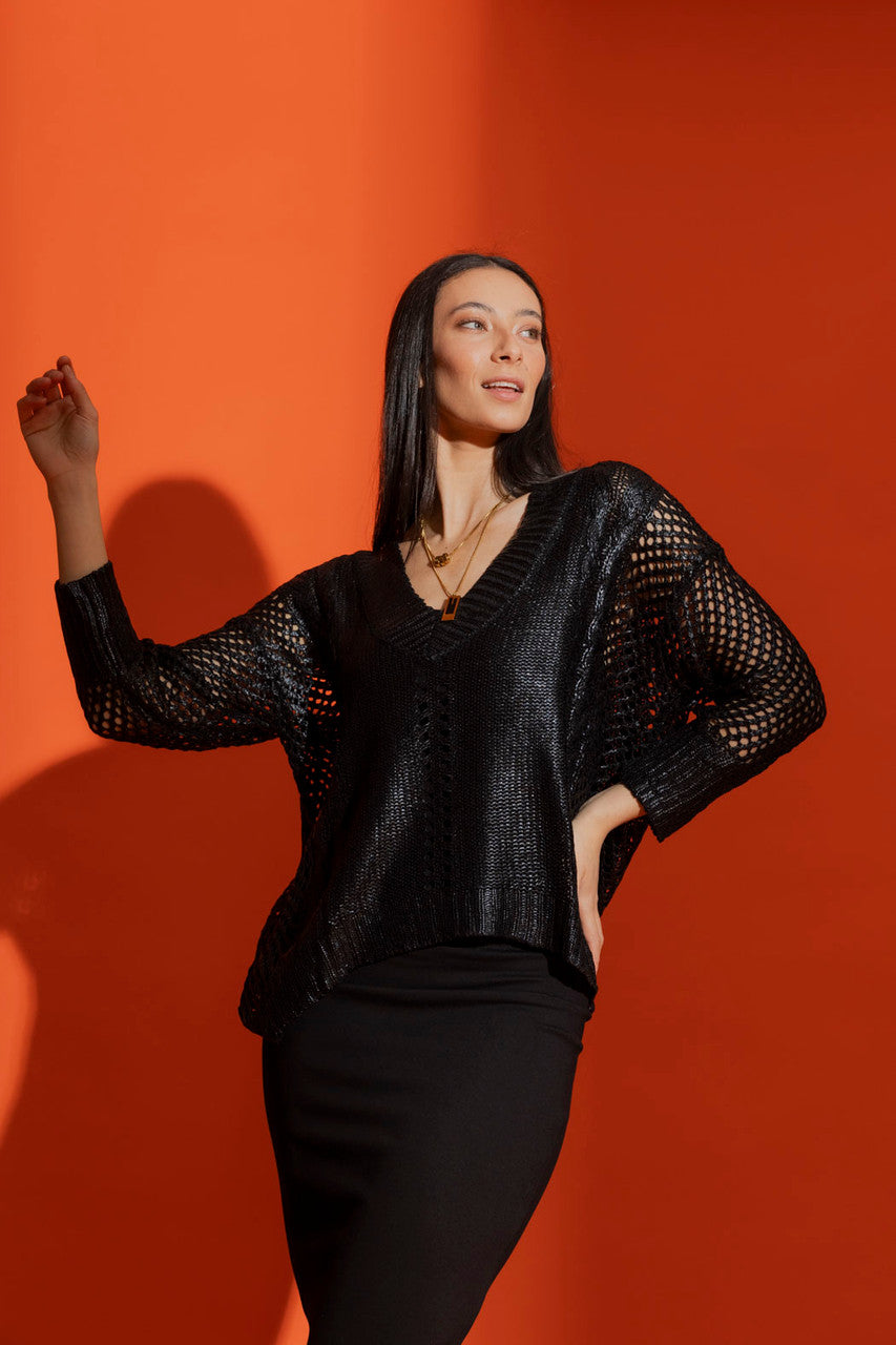 Black Crochet Foil V Neck Jumper