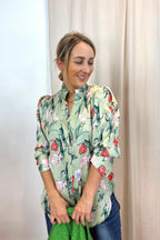 Mint Floral Silky Puff Shirt - SALE