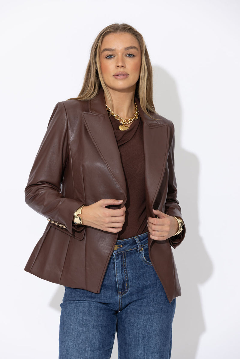 Mahogany Faux Leather Sisca Blazer
