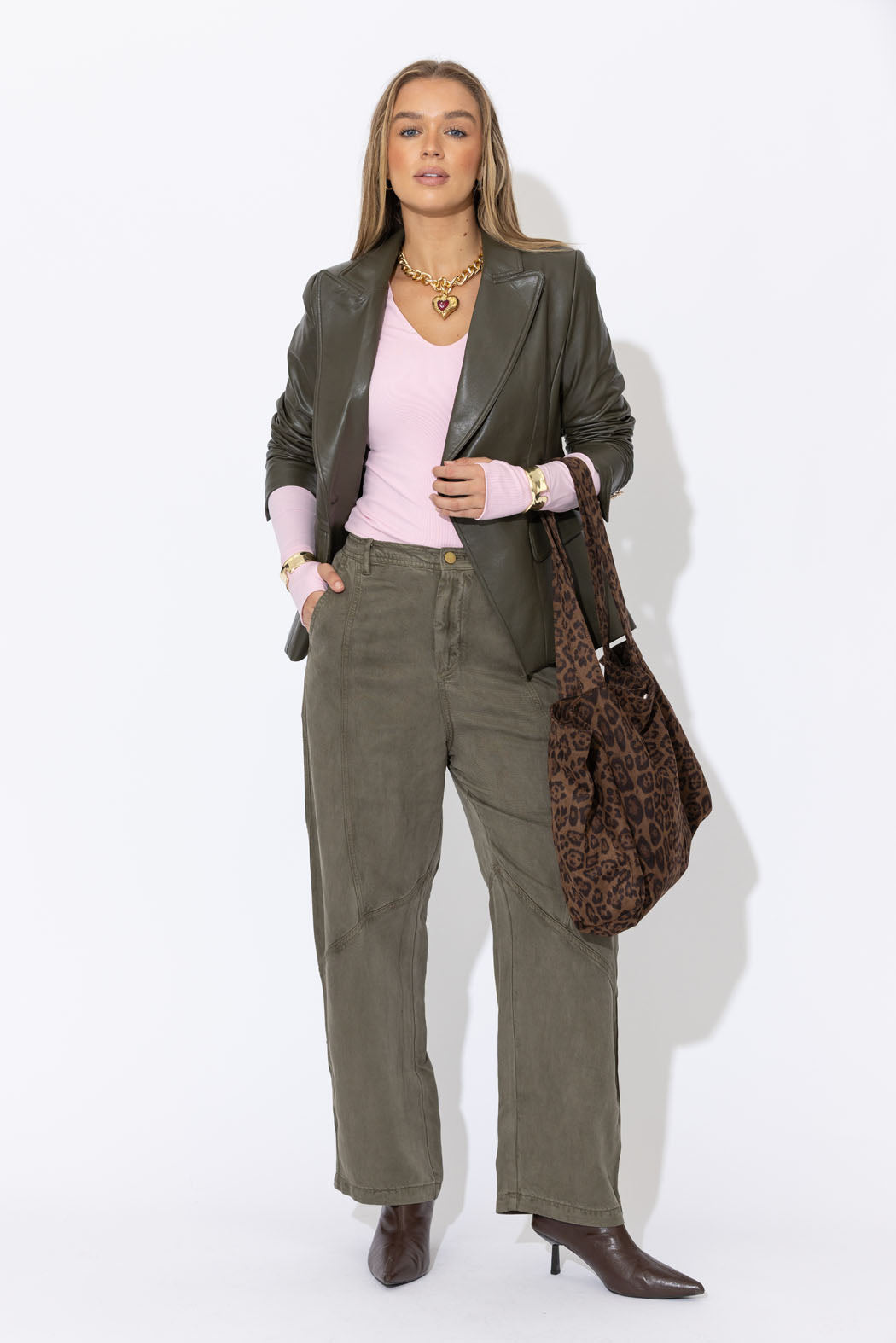 Khaki Faux Leather Sisca Blazer