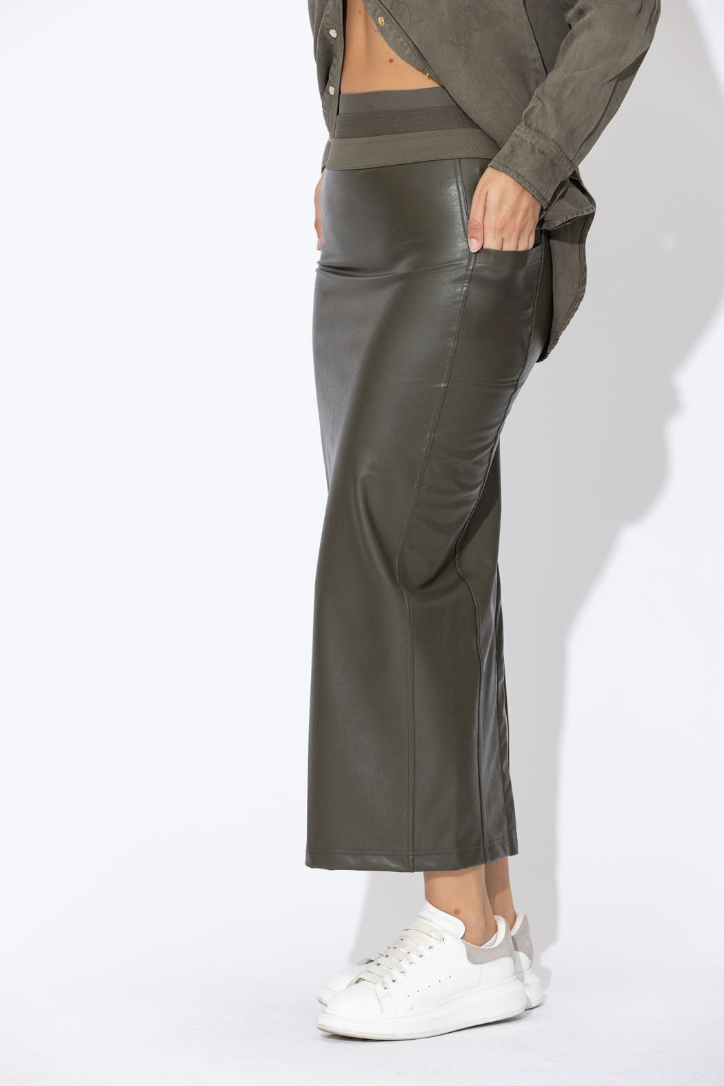 Khaki Faux Leather Waist Shaper Miracle Skirt