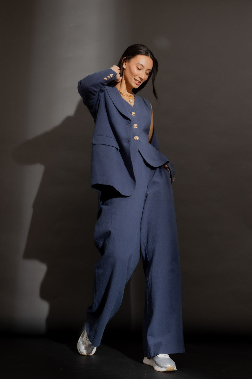 Navy Sandwashed Linen Oversized Blazer