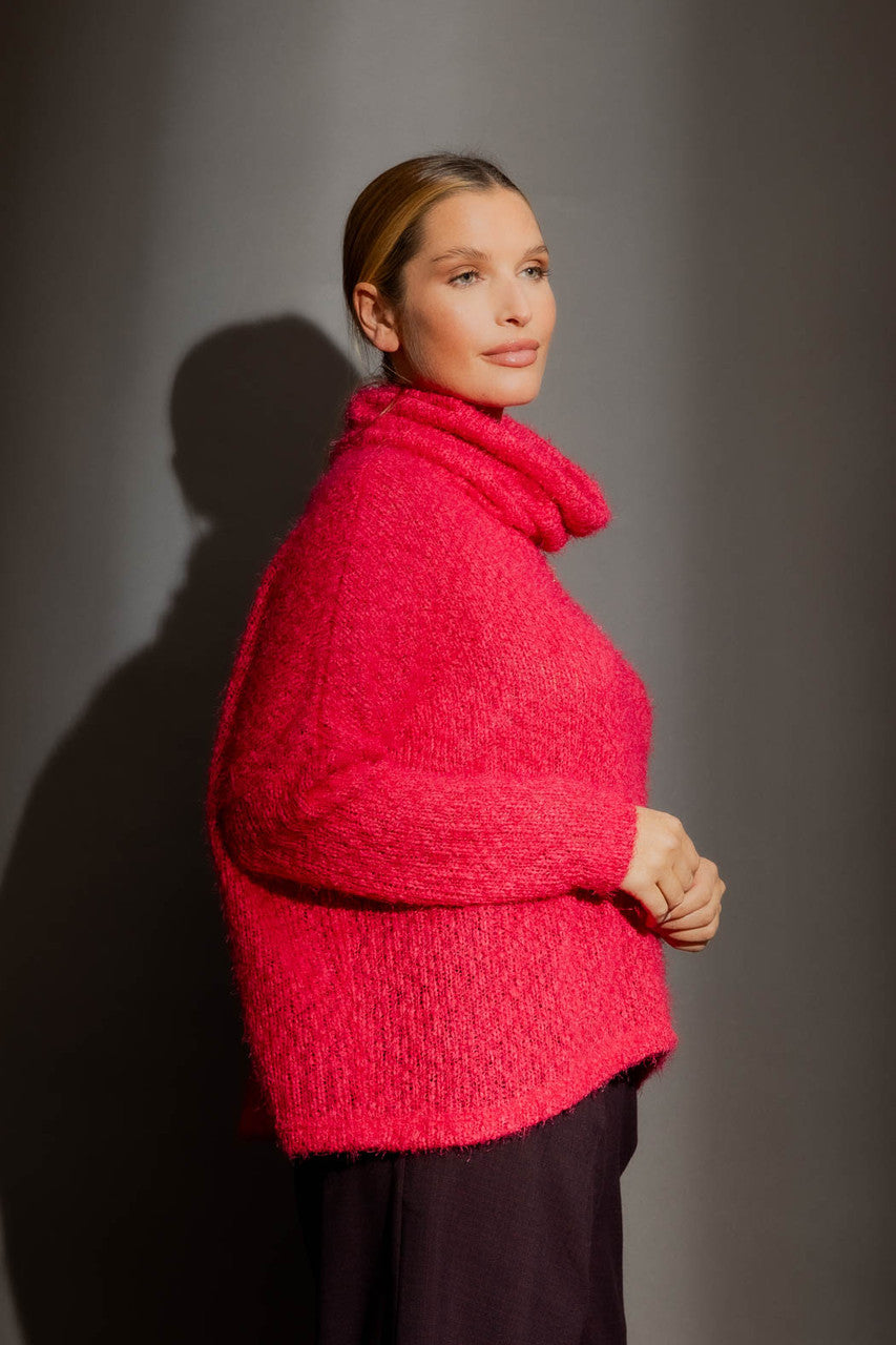 Raspberry Fluffy Roll Neck Jumper