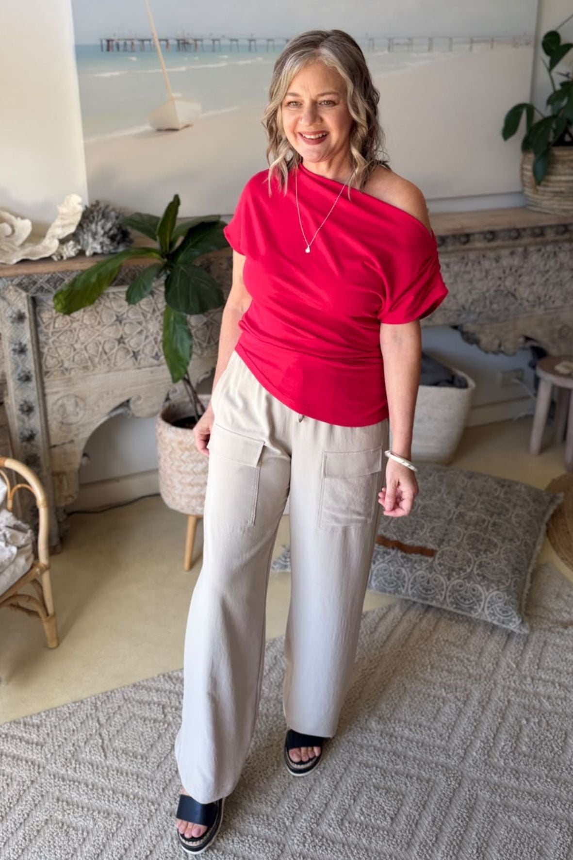 Crimson Tencel Off Shoulder Top