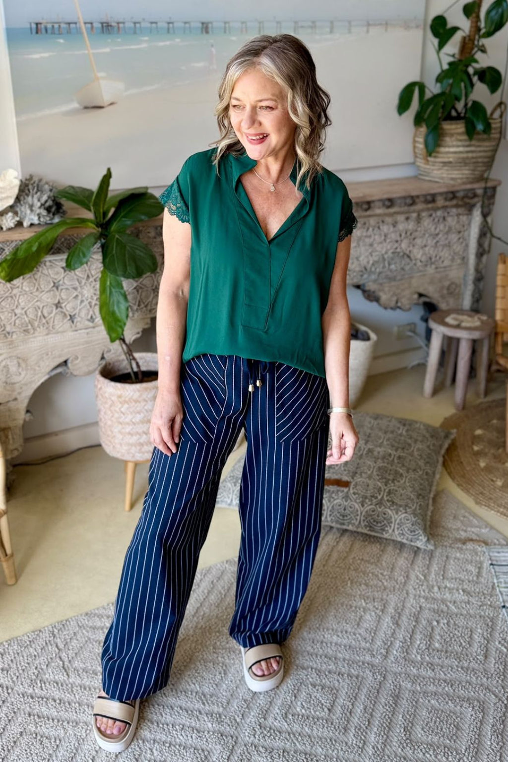 Navy Linen Drawstring Pant